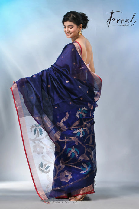 Blue with zari border bangalore silk handwoven jamdani sarees