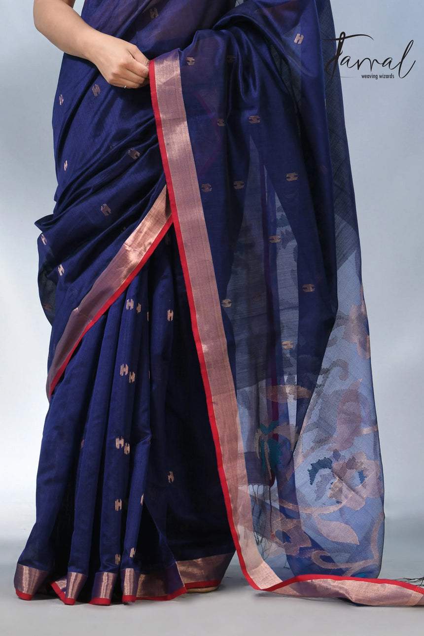 Blue with zari border bangalore silk handwoven jamdani sarees