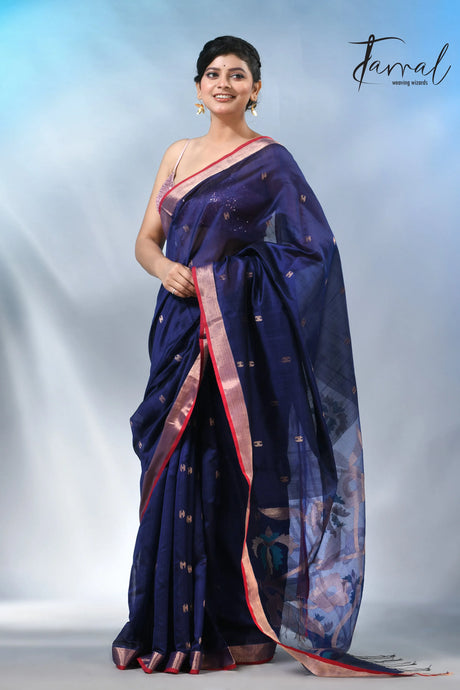 Blue with zari border bangalore silk handwoven jamdani sarees