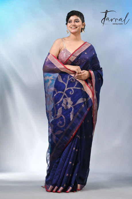 Blue with zari border bangalore silk handwoven jamdani sarees