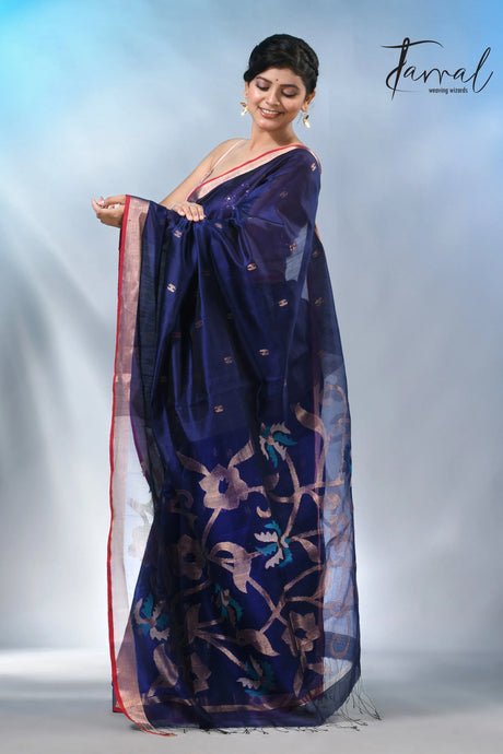 Blue with zari border bangalore silk handwoven jamdani sarees