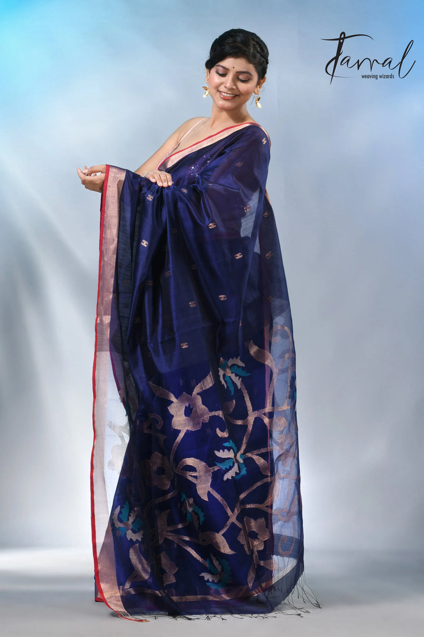 Blue with zari border bangalore silk handwoven jamdani sarees