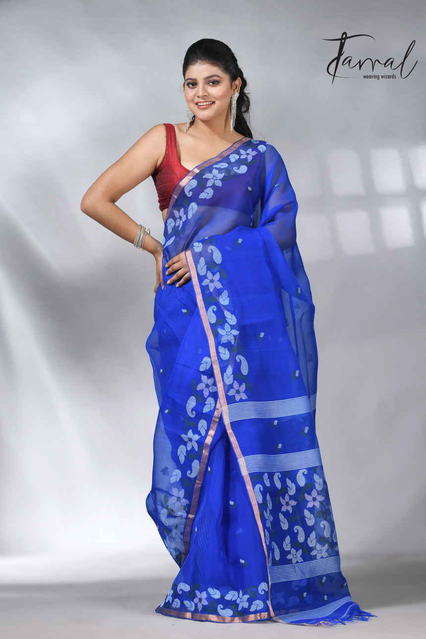 Blue with zari border muslin silk handwoven jamdani saree