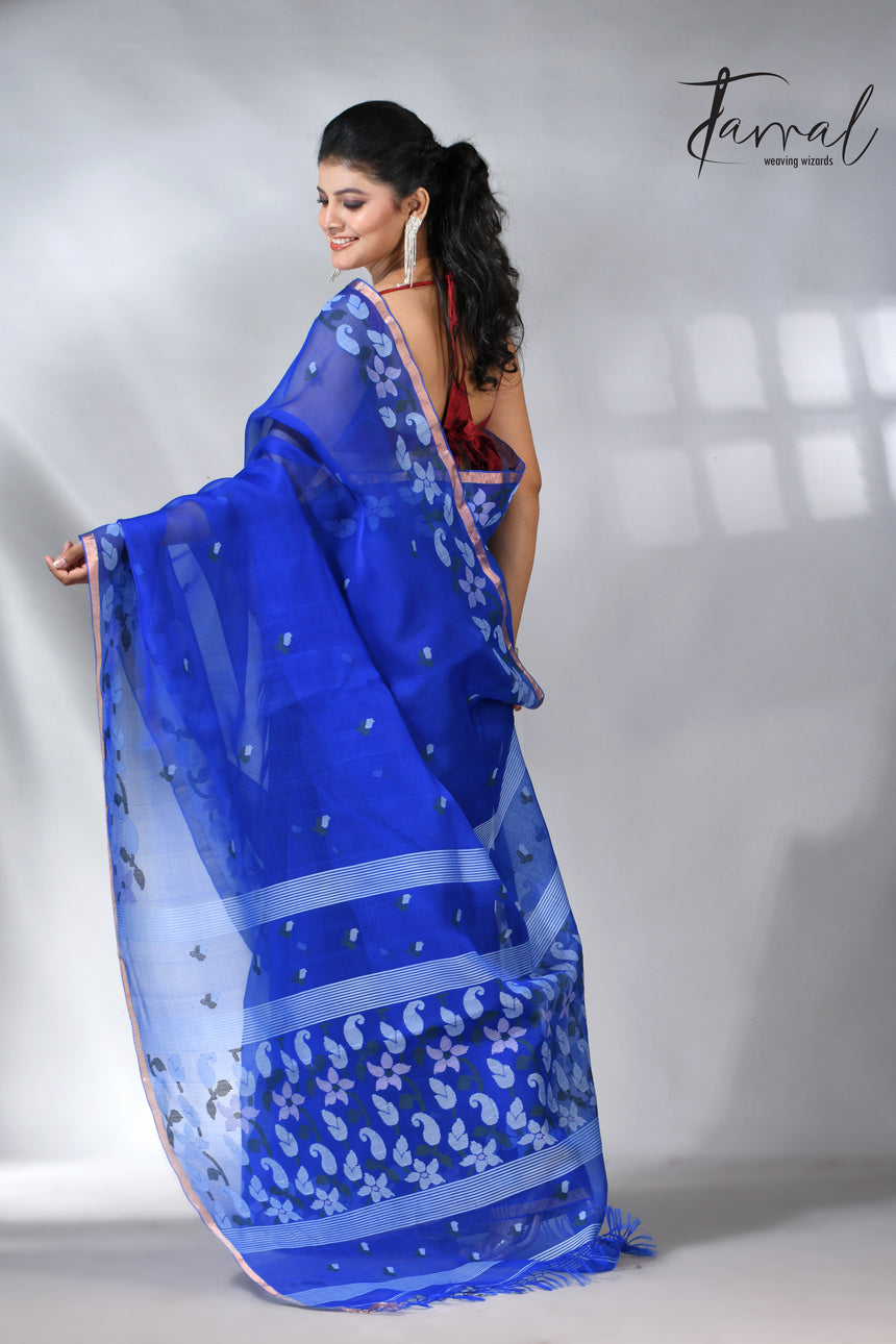 Blue with zari border muslin silk handwoven jamdani saree