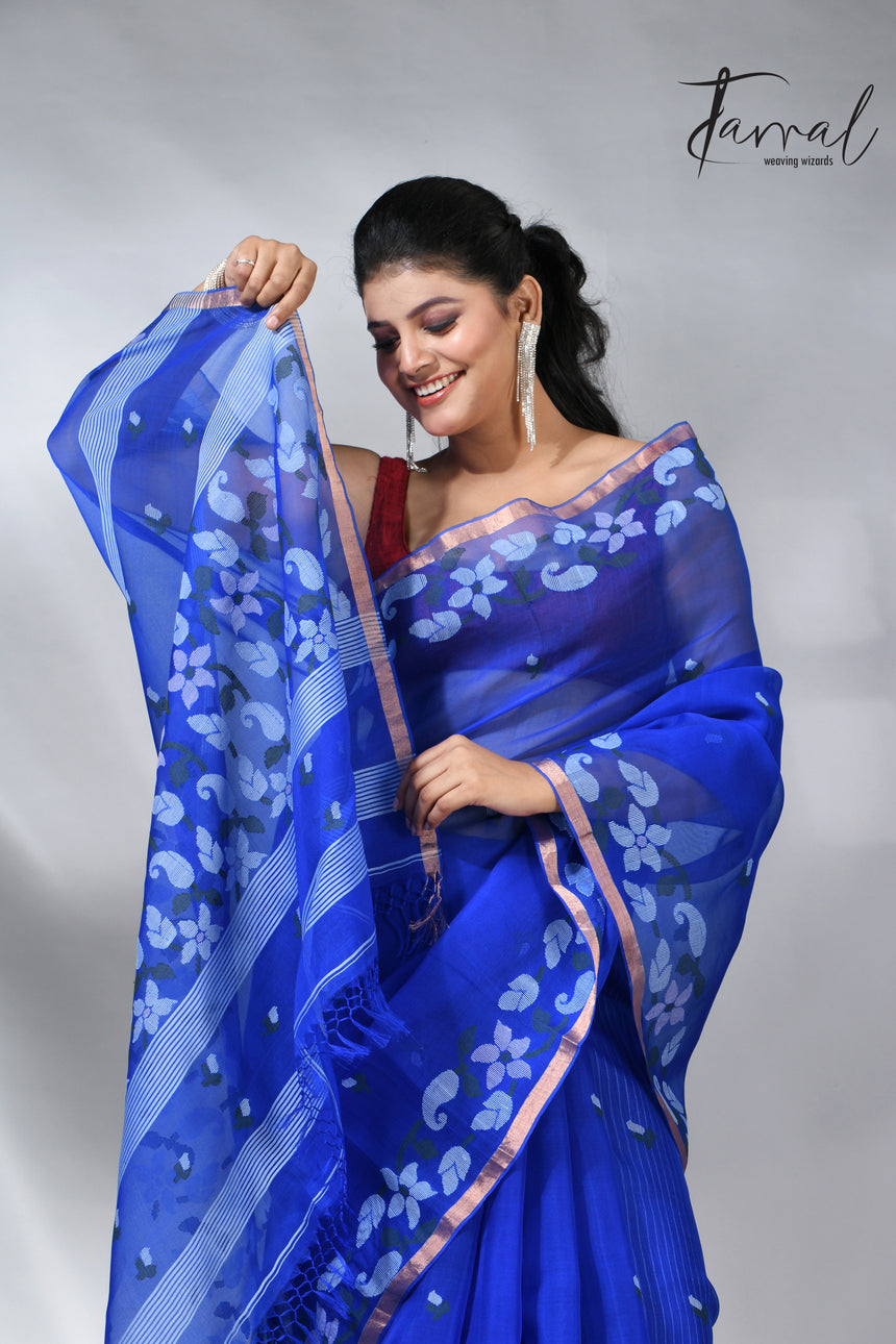 Blue with zari border muslin silk handwoven jamdani saree