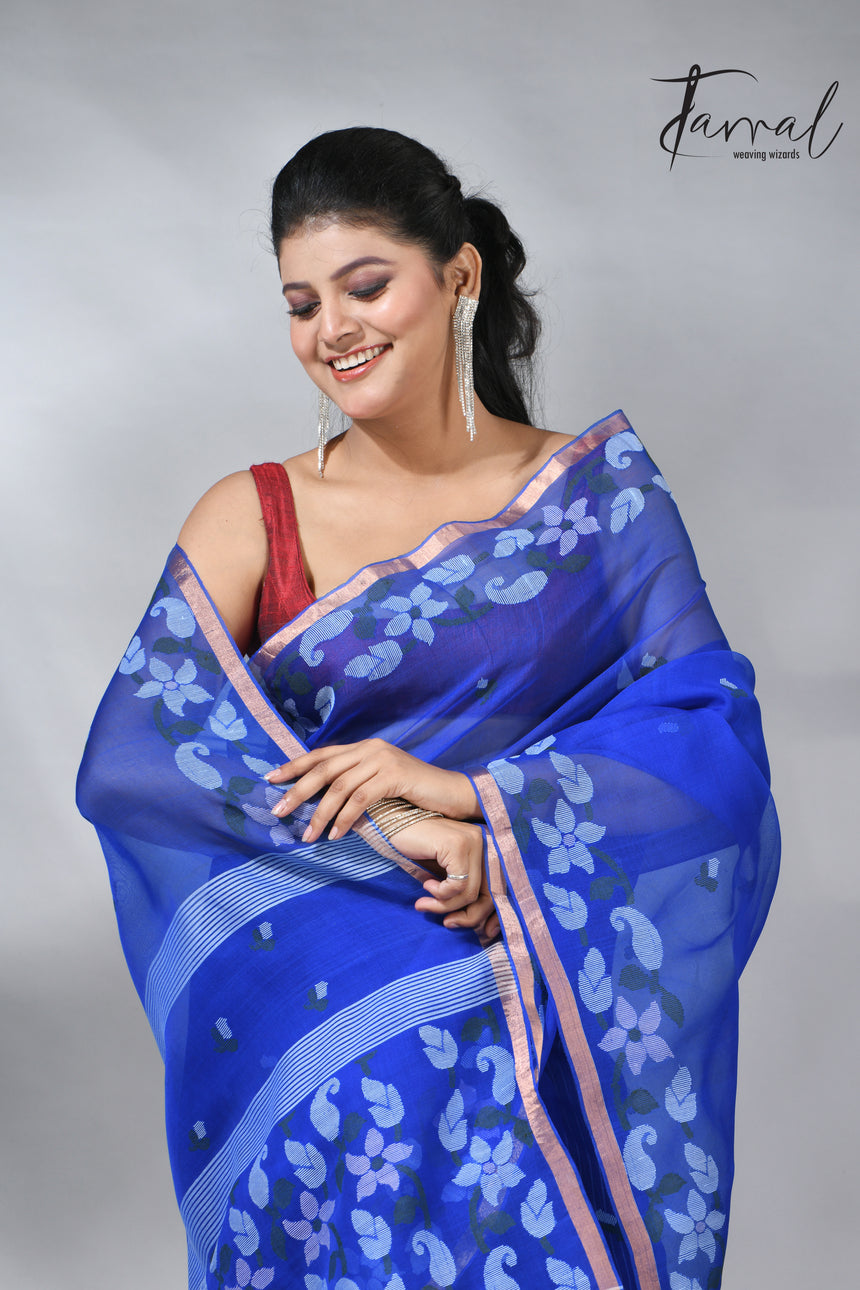 Blue with zari border muslin silk handwoven jamdani saree