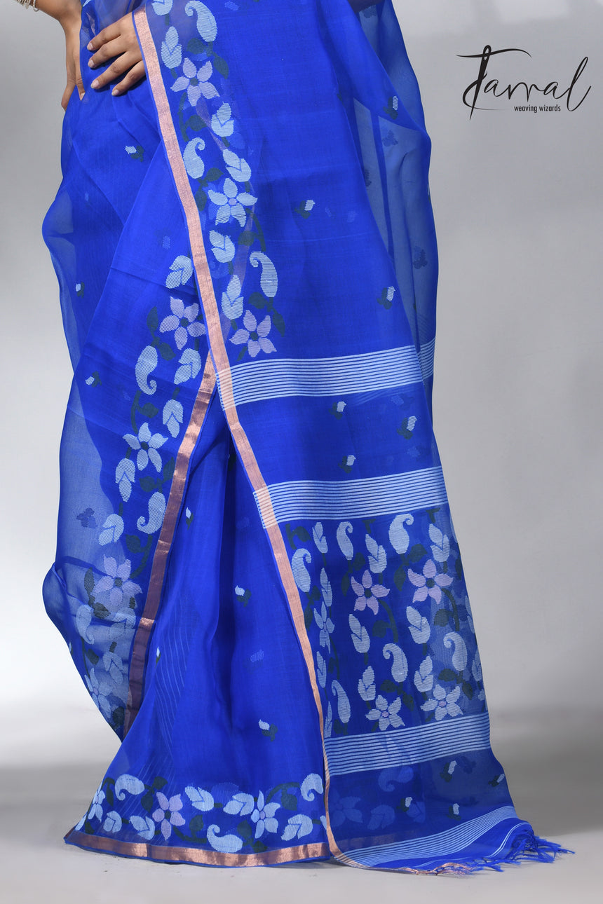Blue with zari border muslin silk handwoven jamdani saree