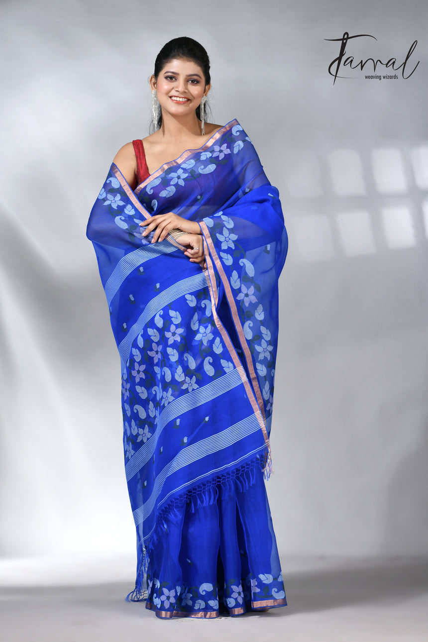 Blue with zari border muslin silk handwoven jamdani saree