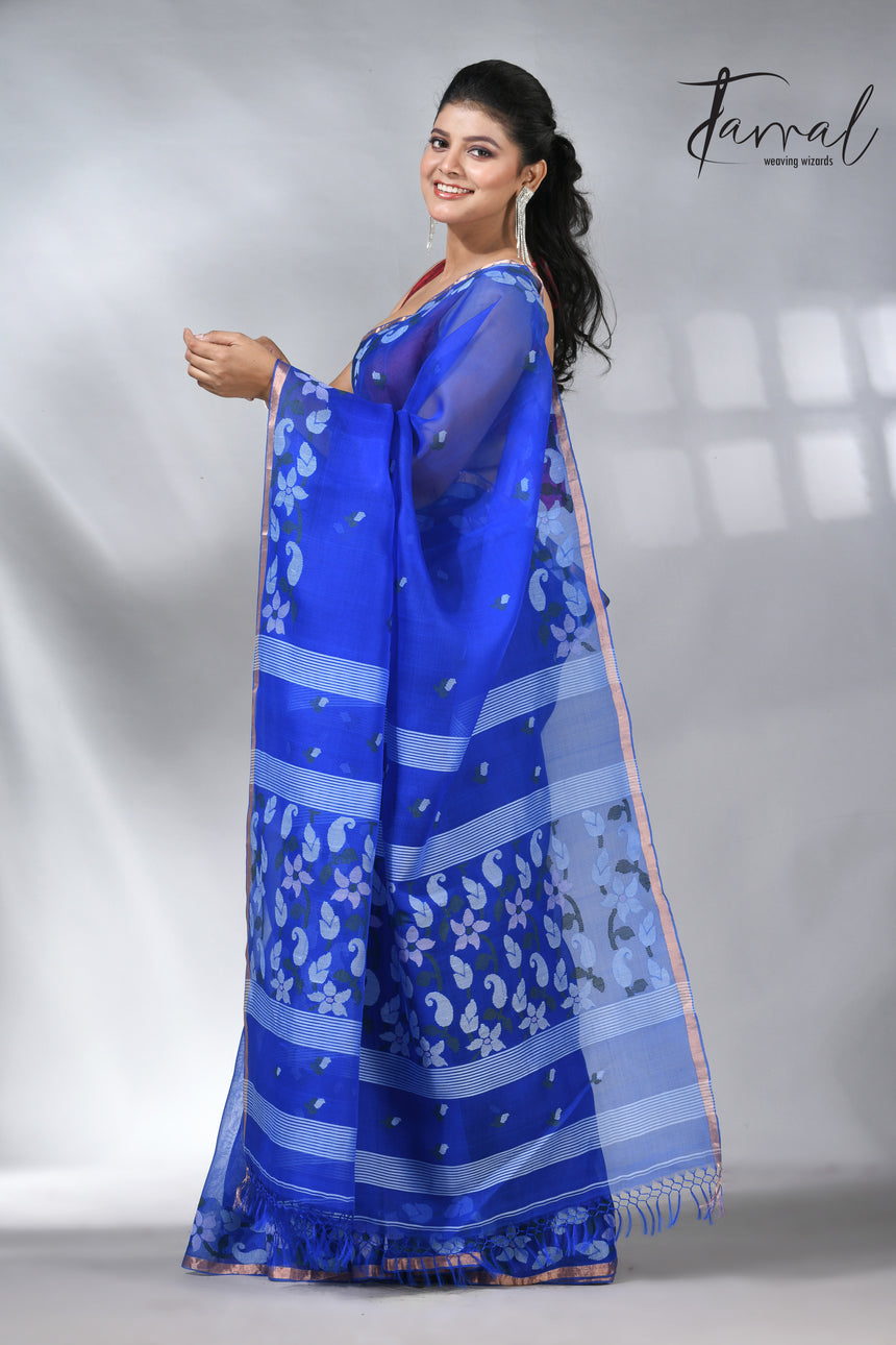 Blue with zari border muslin silk handwoven jamdani saree