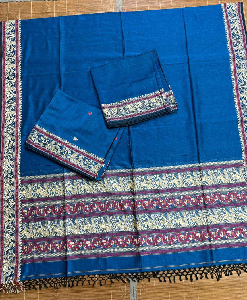 Blue cotton baluchari kurti with dupatta & pant set - Tamal Boutique
