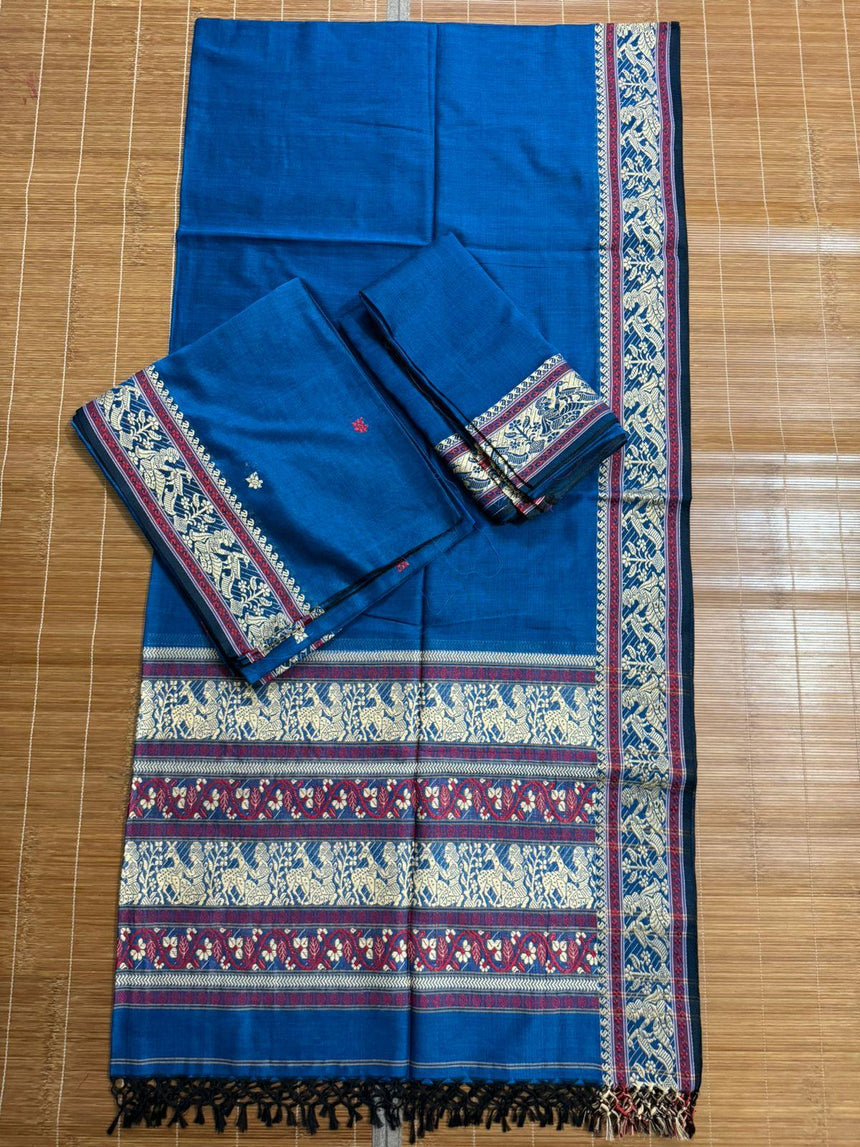 Blue cotton baluchari kurti with dupatta & pant set - Tamal Boutique