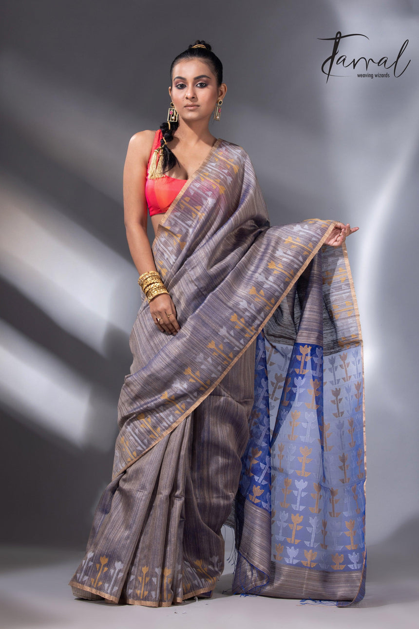 Blueish grey with blue pallu matka silk handwoven jamdani saree