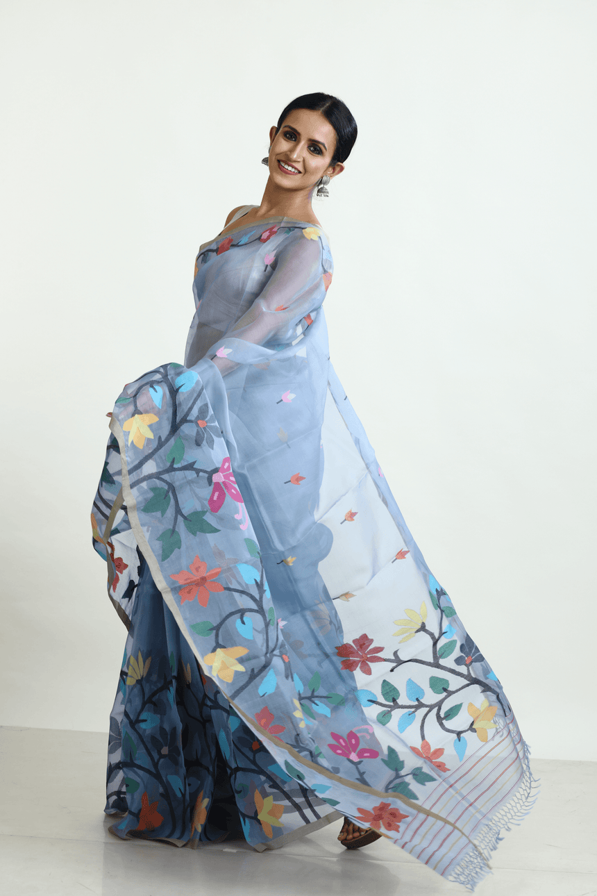 Blueish grey, jamdani saree, muslin silk,
handwoven, handwoven jamdani saree, floral border, clothing, boutique