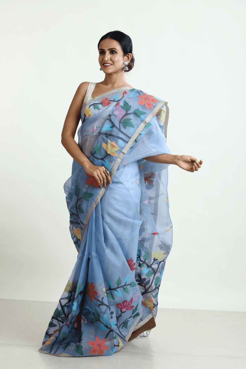 Blueish grey, jamdani saree, muslin silk,
handwoven, handwoven jamdani saree, floral border, clothing, boutique