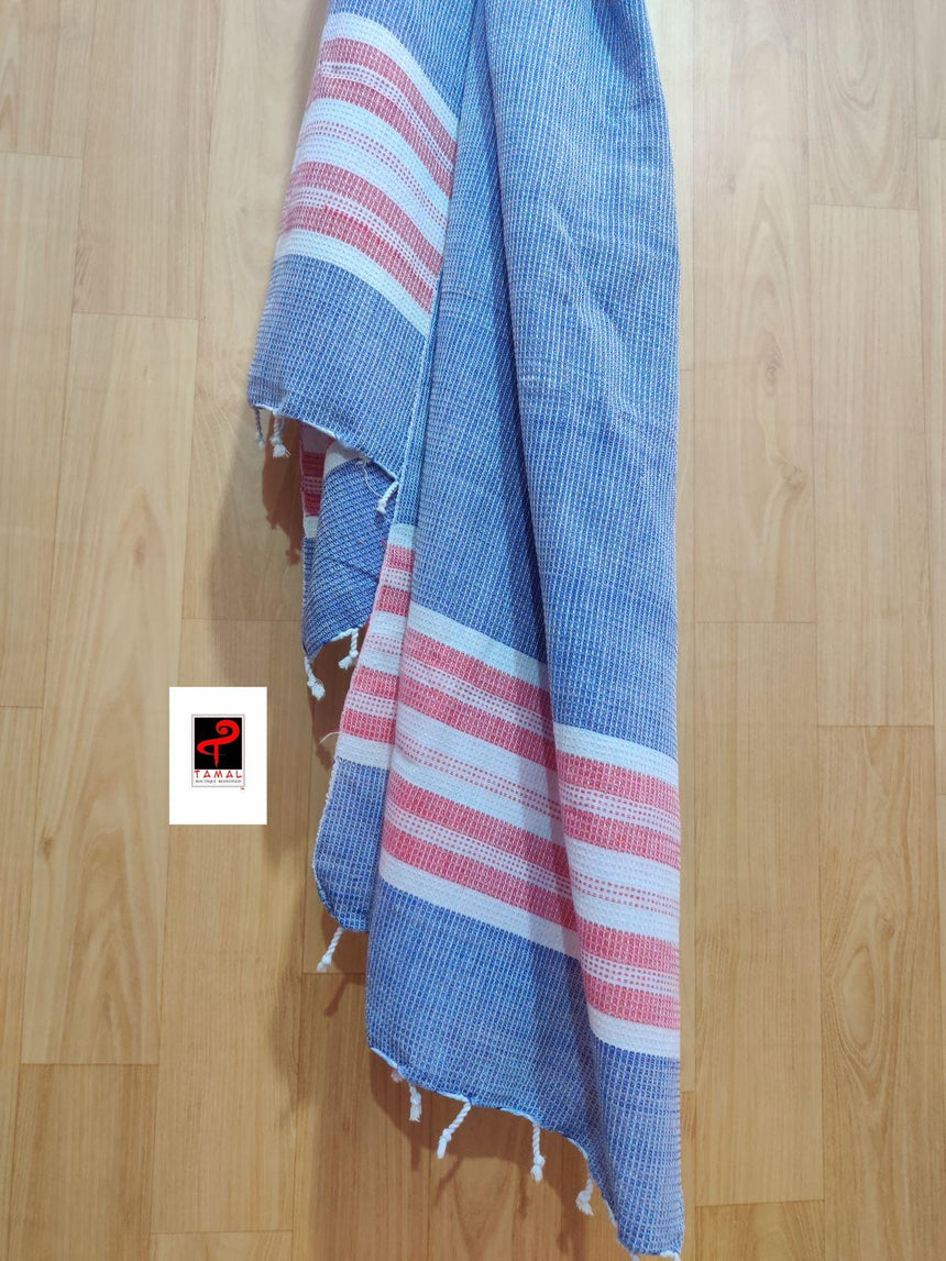 Blue with red hand crafted cotton towel ( single ) - Tamal Boutique