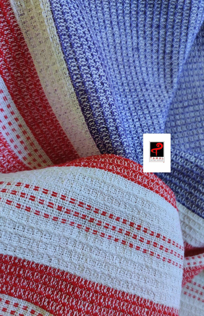 Blue with red hand crafted cotton towel ( single ) - Tamal Boutique
