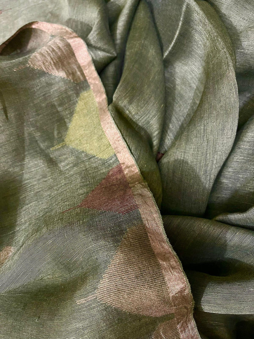 Bottle Green Half Silk Half Linen Handwoven Jamdani Saree - Tamal Boutique