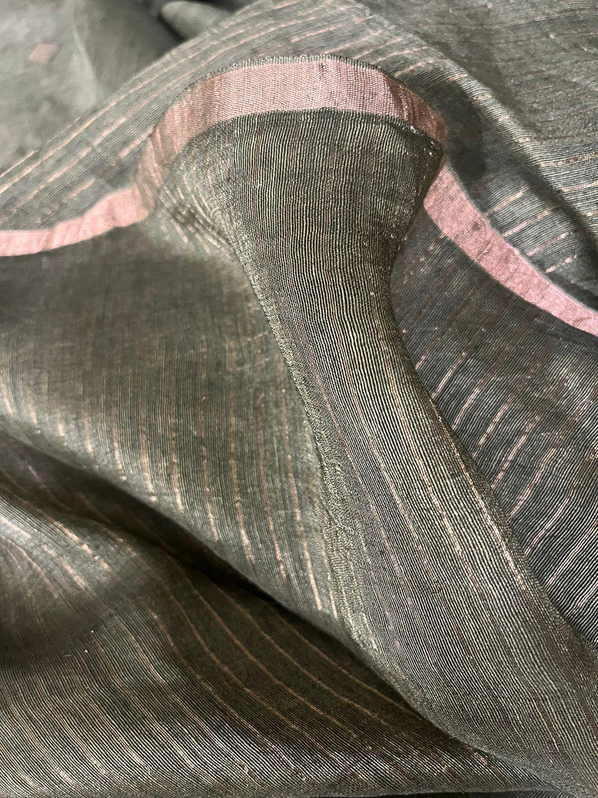 Bottle Green Half Silk Half Linen Handwoven Jamdani Saree - Tamal Boutique