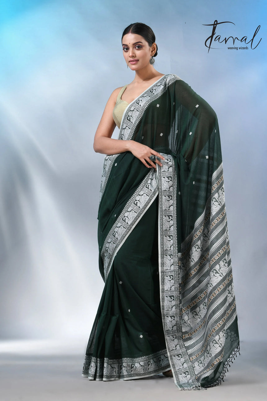 Bottle Green colour baluchuri cotton handwoven jamdani saree