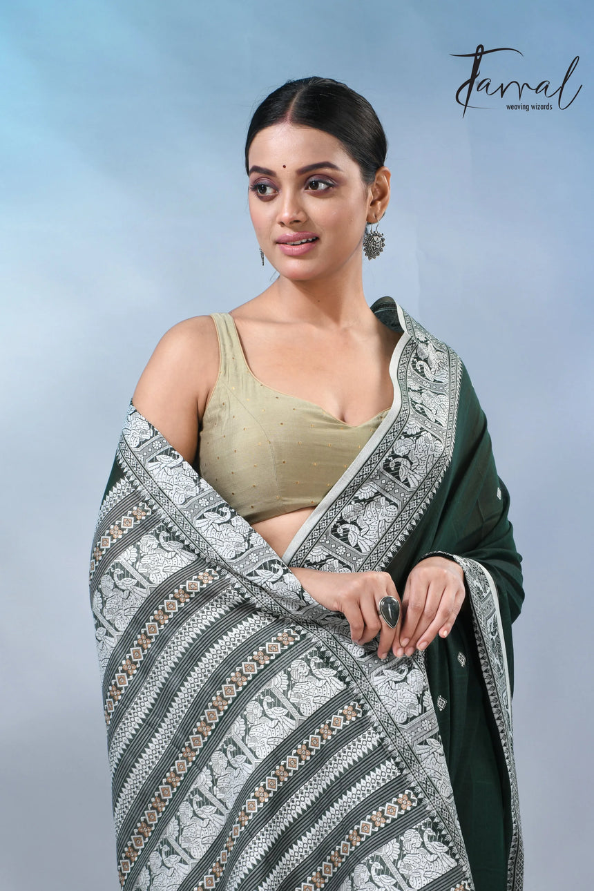Bottle Green colour baluchuri cotton handwoven jamdani saree