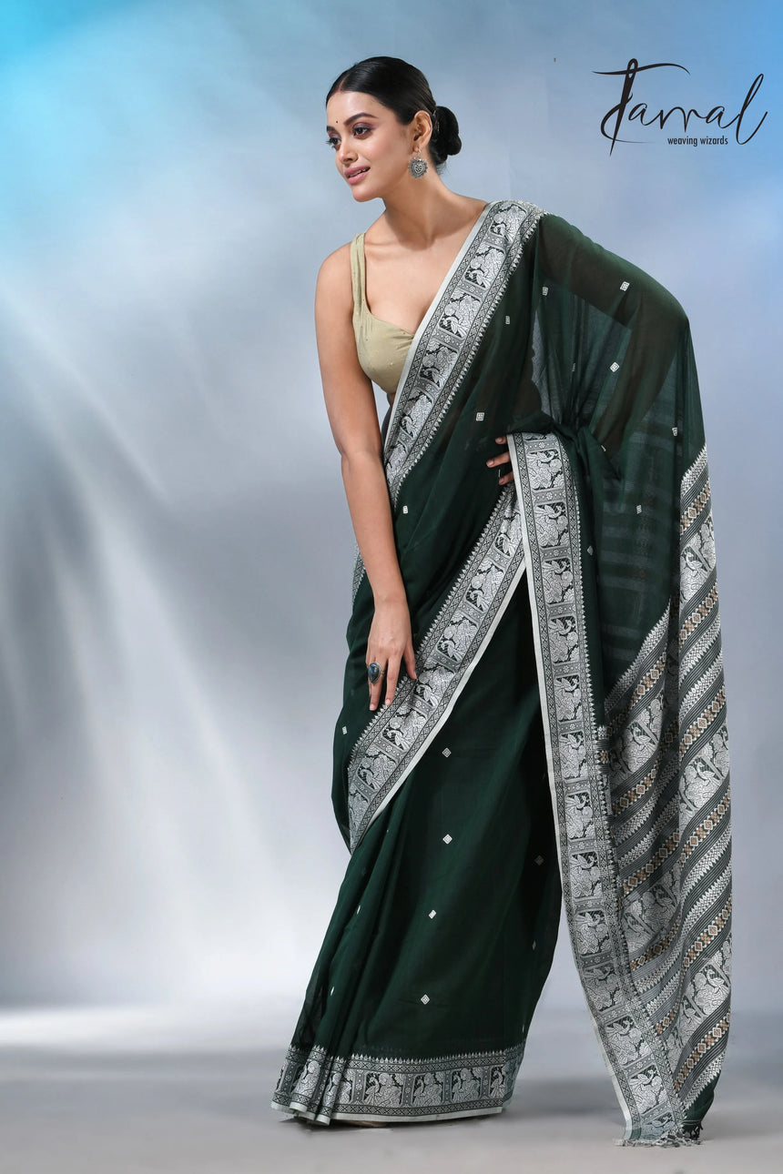 Bottle Green colour baluchuri cotton handwoven jamdani saree