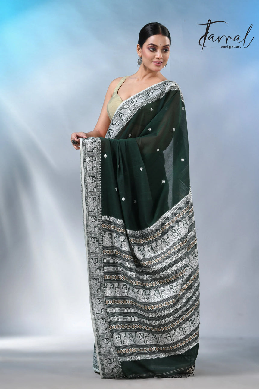 Bottle Green colour baluchuri cotton handwoven jamdani saree