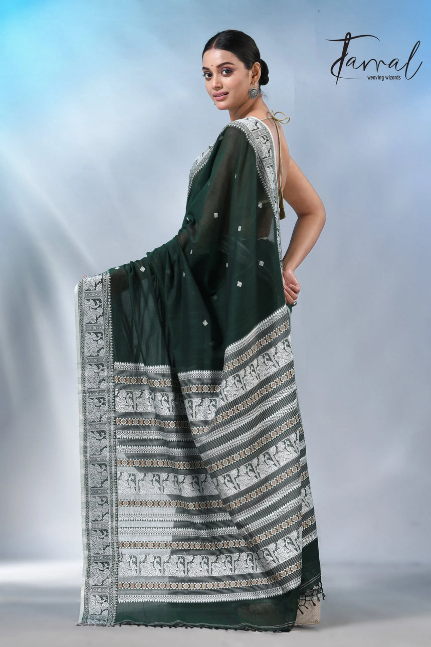 Bottle Green colour baluchuri cotton handwoven jamdani saree