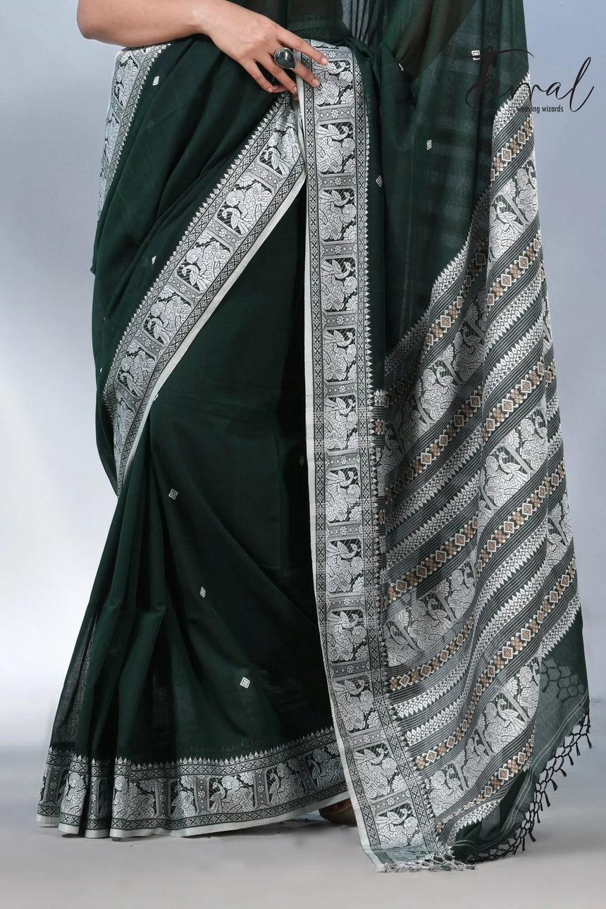 Bottle Green colour baluchuri cotton handwoven jamdani saree