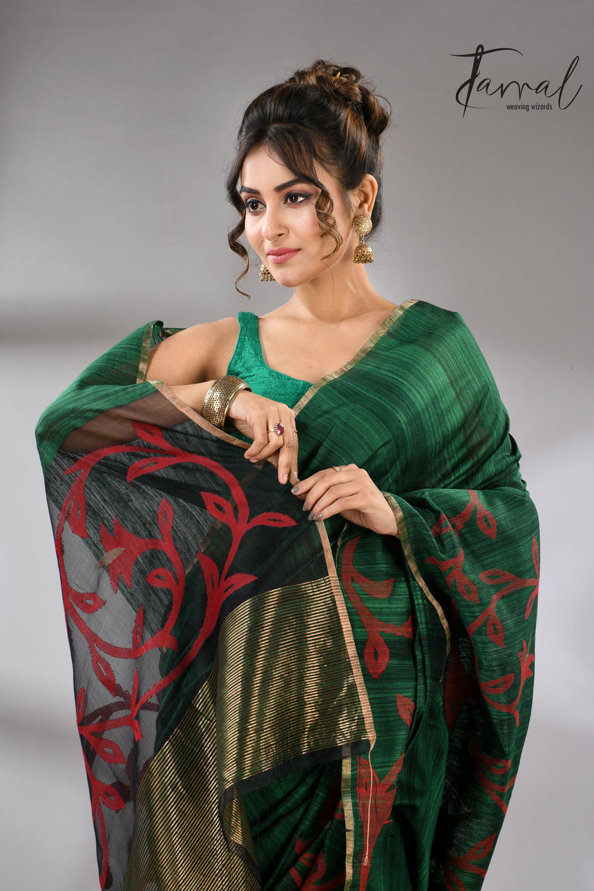 Bottle green silk handwoven needle work jamdani saree_Back