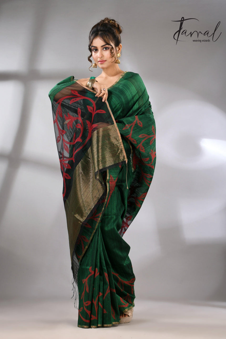 Bottle green silk handwoven needle work jamdani saree_Back2
