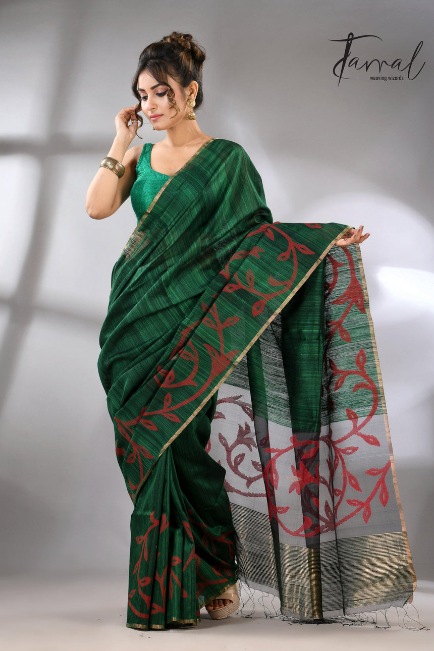 Bottle green silk handwoven needle work jamdani saree_Front