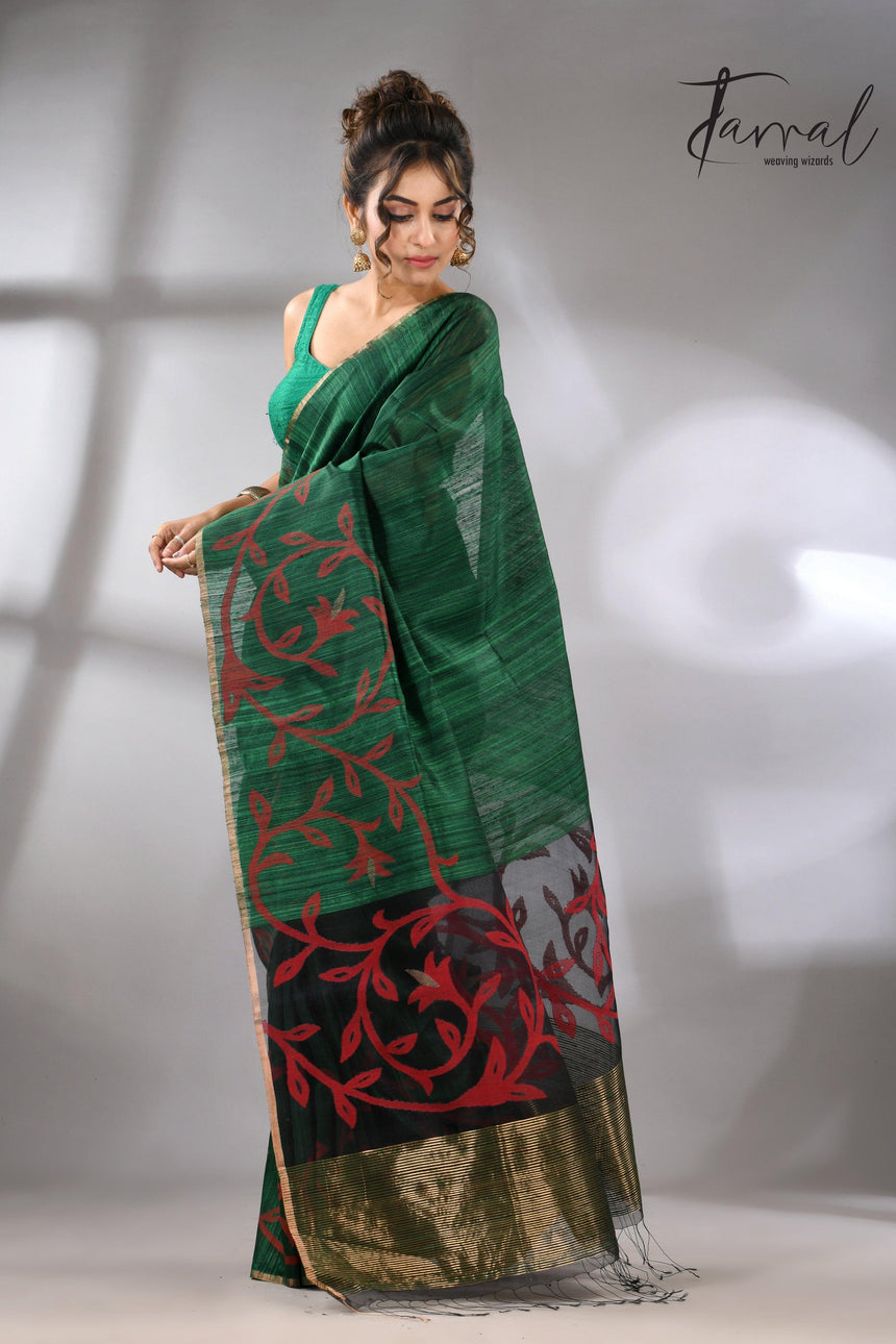Bottle green silk handwoven needle work jamdani saree_Left