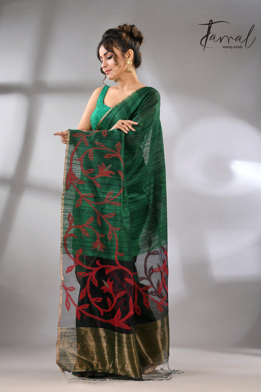 Bottle green silk handwoven needle work jamdani saree_Right