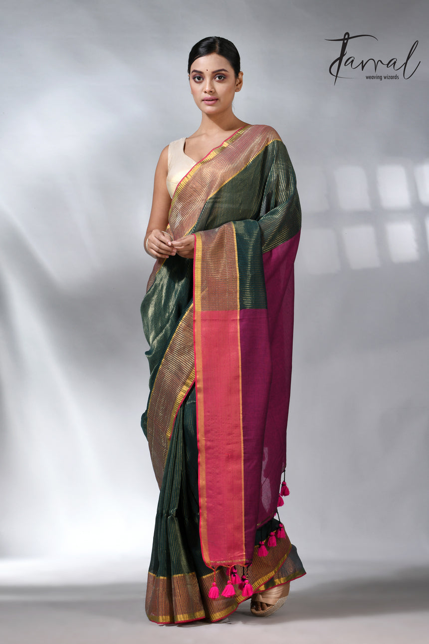 Bottle green with Rani pallu zari striped cotton handloom saree