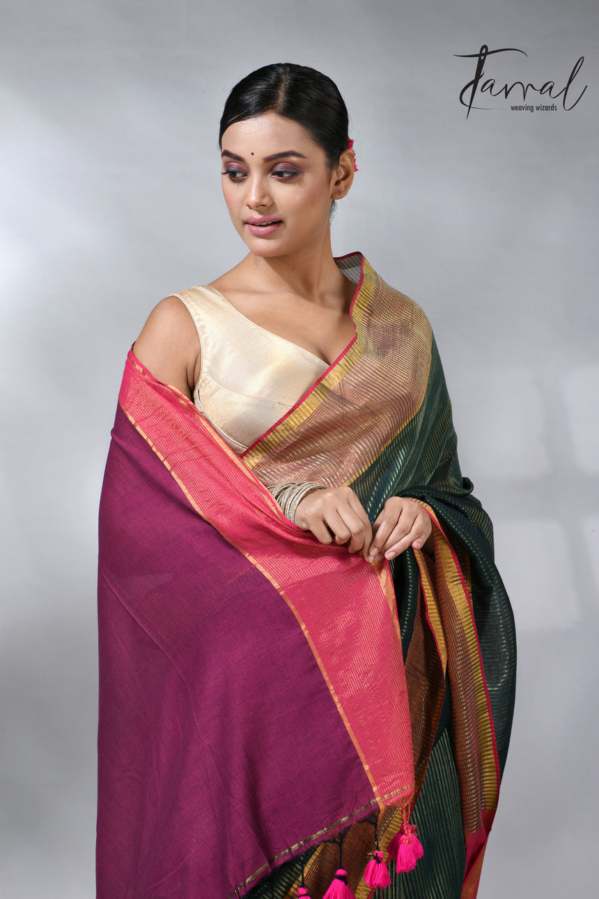 Bottle green with Rani pallu zari striped cotton handloom saree