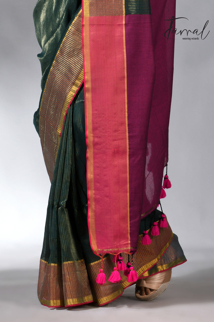 Bottle green with Rani pallu zari striped cotton handloom saree