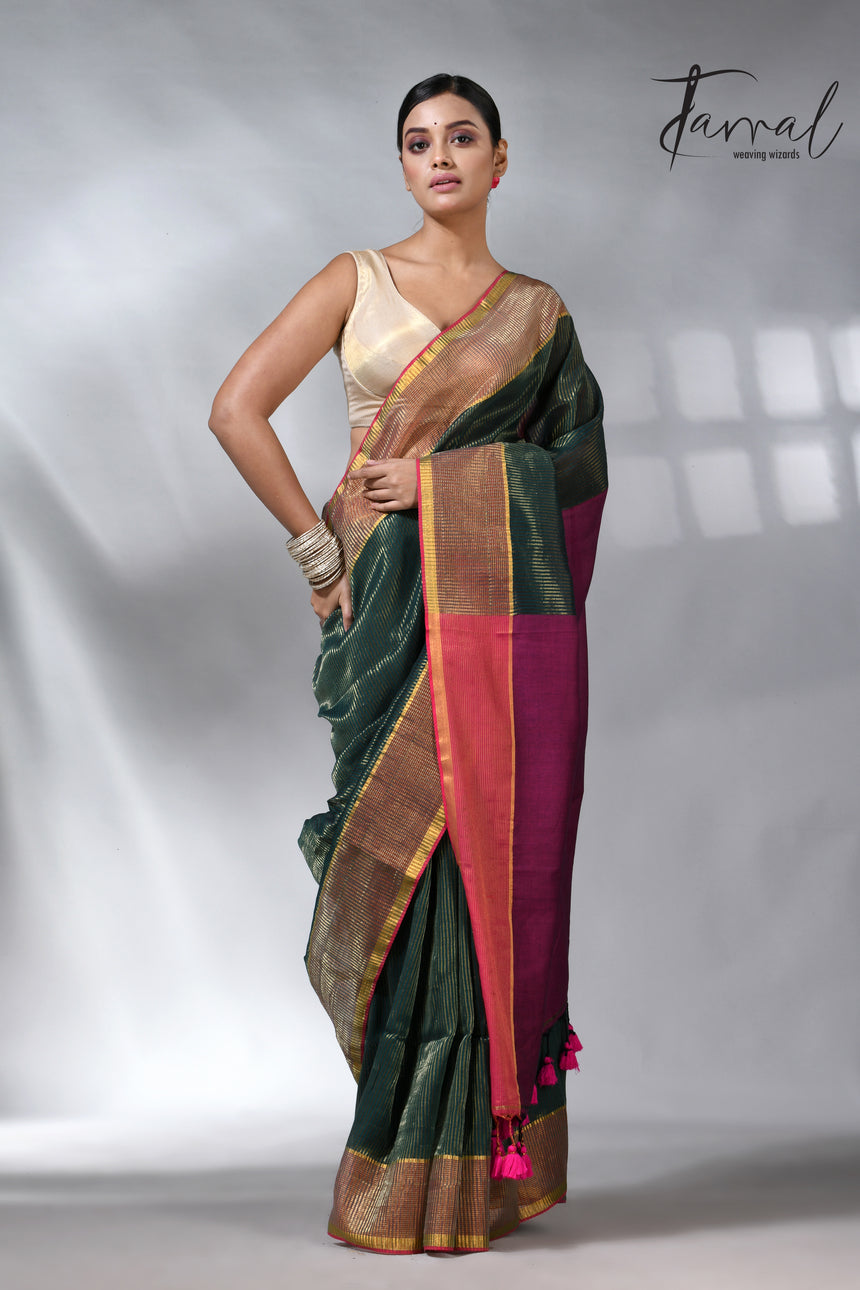 Bottle green with Rani pallu zari striped cotton handloom saree