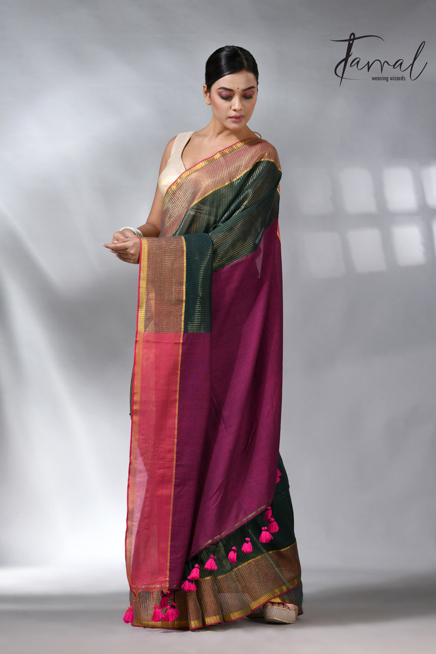 Bottle green with Rani pallu zari striped cotton handloom saree