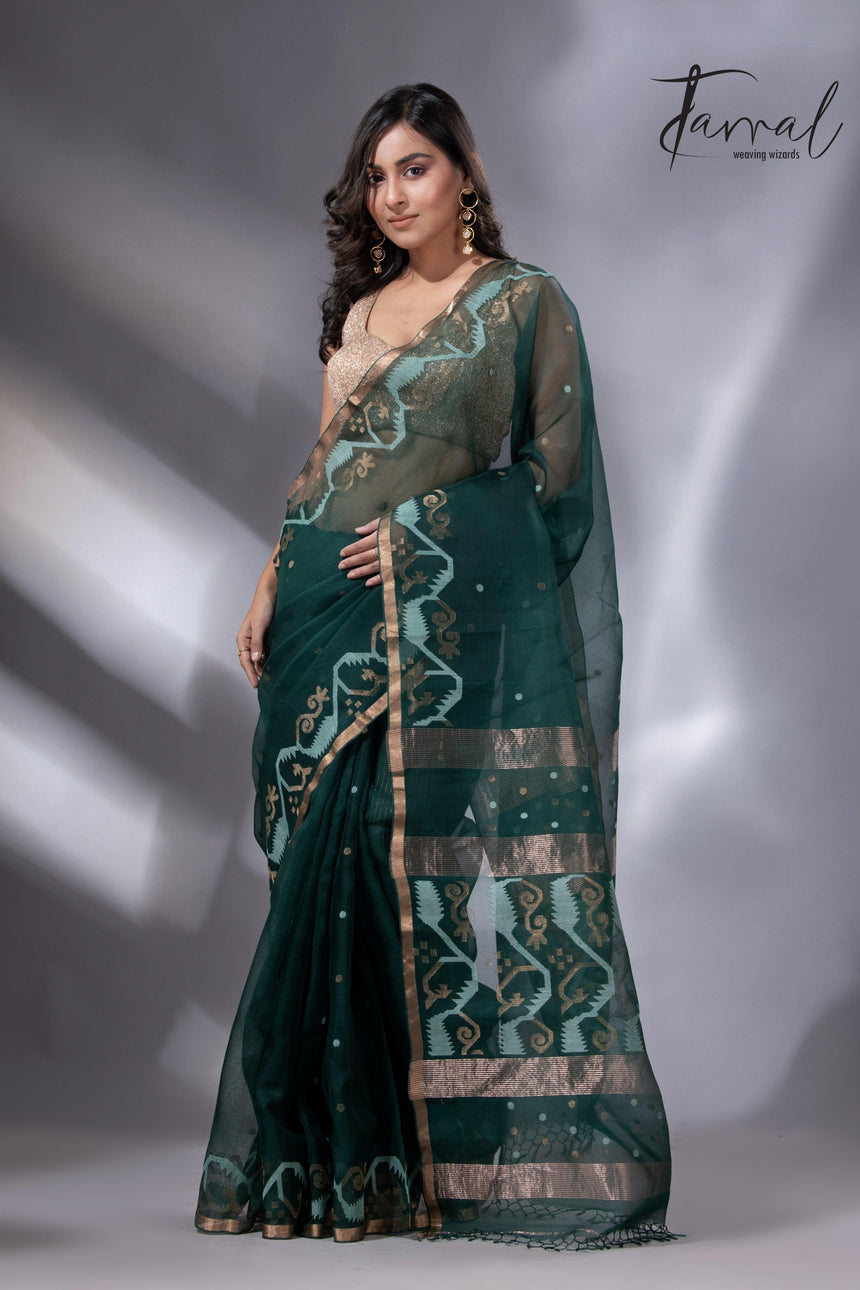 Bottle green with zari border traditional handwoven jamdani in muslin silk - Tamal Boutique