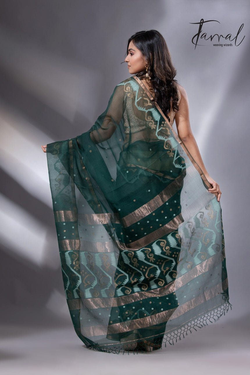 Bottle green with zari border traditional handwoven jamdani in muslin silk - Tamal Boutique