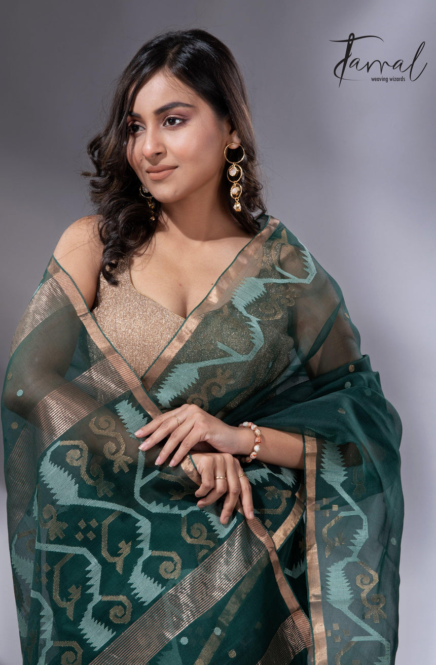 Bottle green with zari border traditional handwoven jamdani in muslin silk - Tamal Boutique