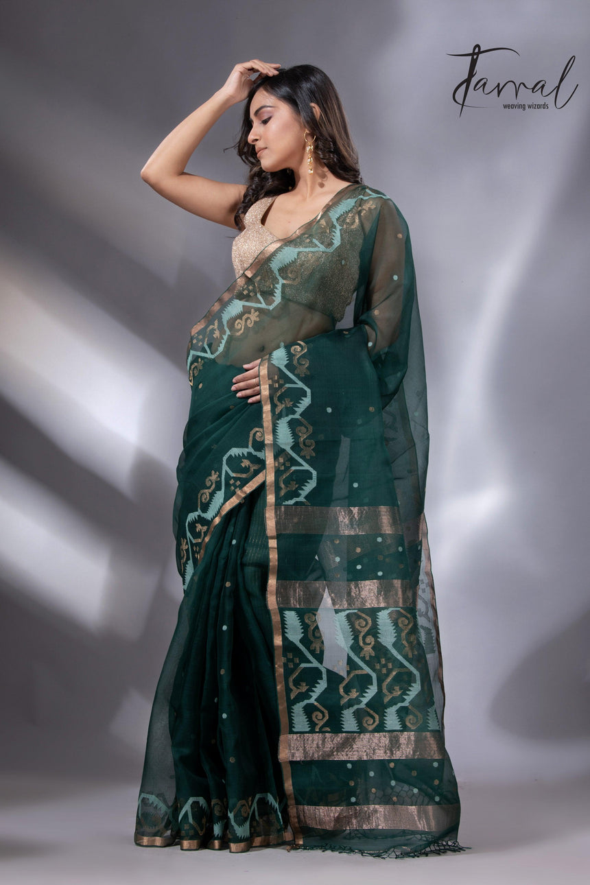 Bottle green with zari border traditional handwoven jamdani in muslin silk - Tamal Boutique