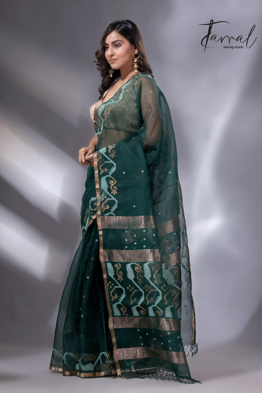 Bottle green with zari border traditional handwoven jamdani in muslin silk - Tamal Boutique