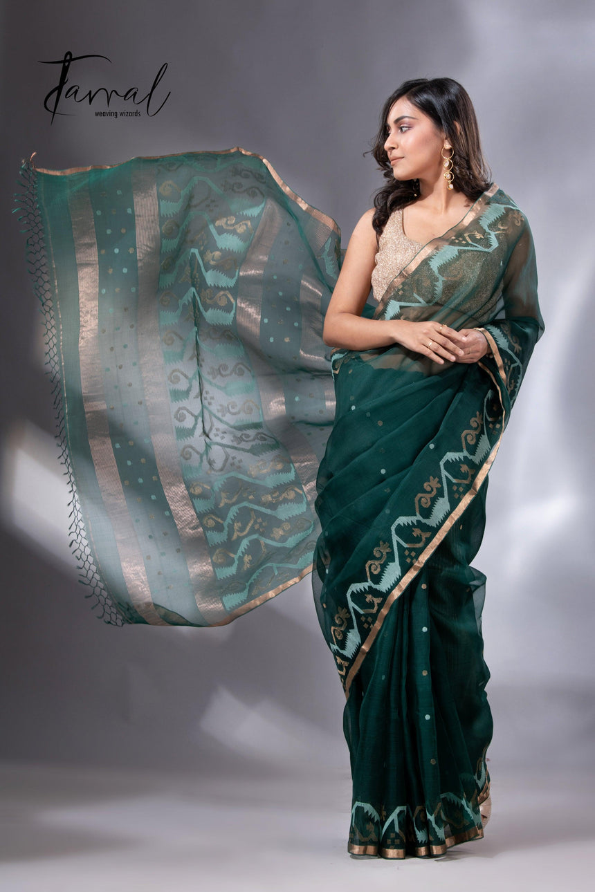 Bottle green with zari border traditional handwoven jamdani in muslin silk - Tamal Boutique