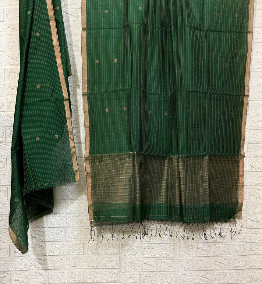Bottle green with zari border silk cotton handwoven jamdani kurti & dupatta set - Tamal Boutique