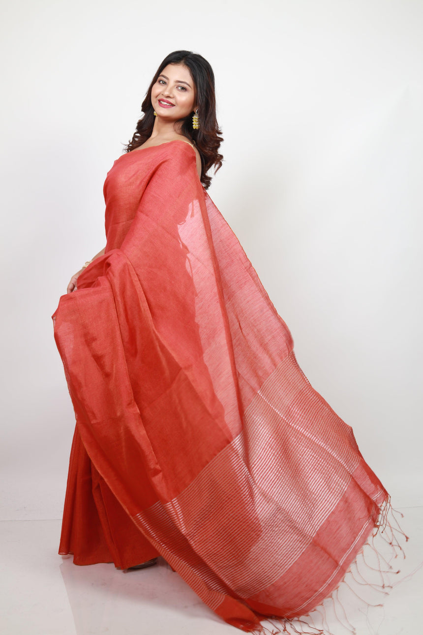 Brick red metallic linen handloom saree - Tamal Boutique