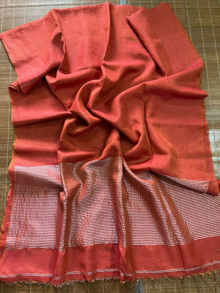 Brick red metallic linen handloom saree - Tamal Boutique