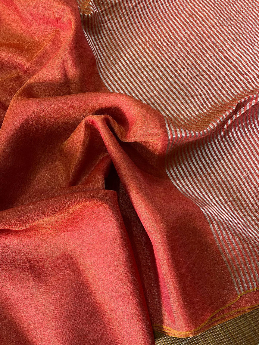Brick red metallic linen handloom saree - Tamal Boutique