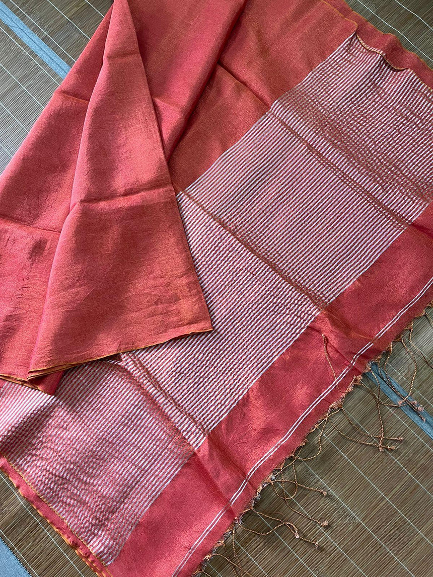 Brick red metallic linen handloom saree - Tamal Boutique