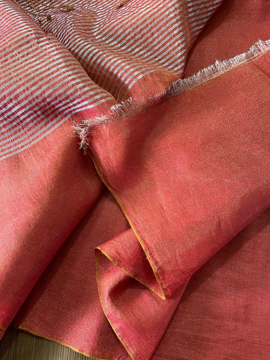 Brick red metallic linen handloom saree - Tamal Boutique